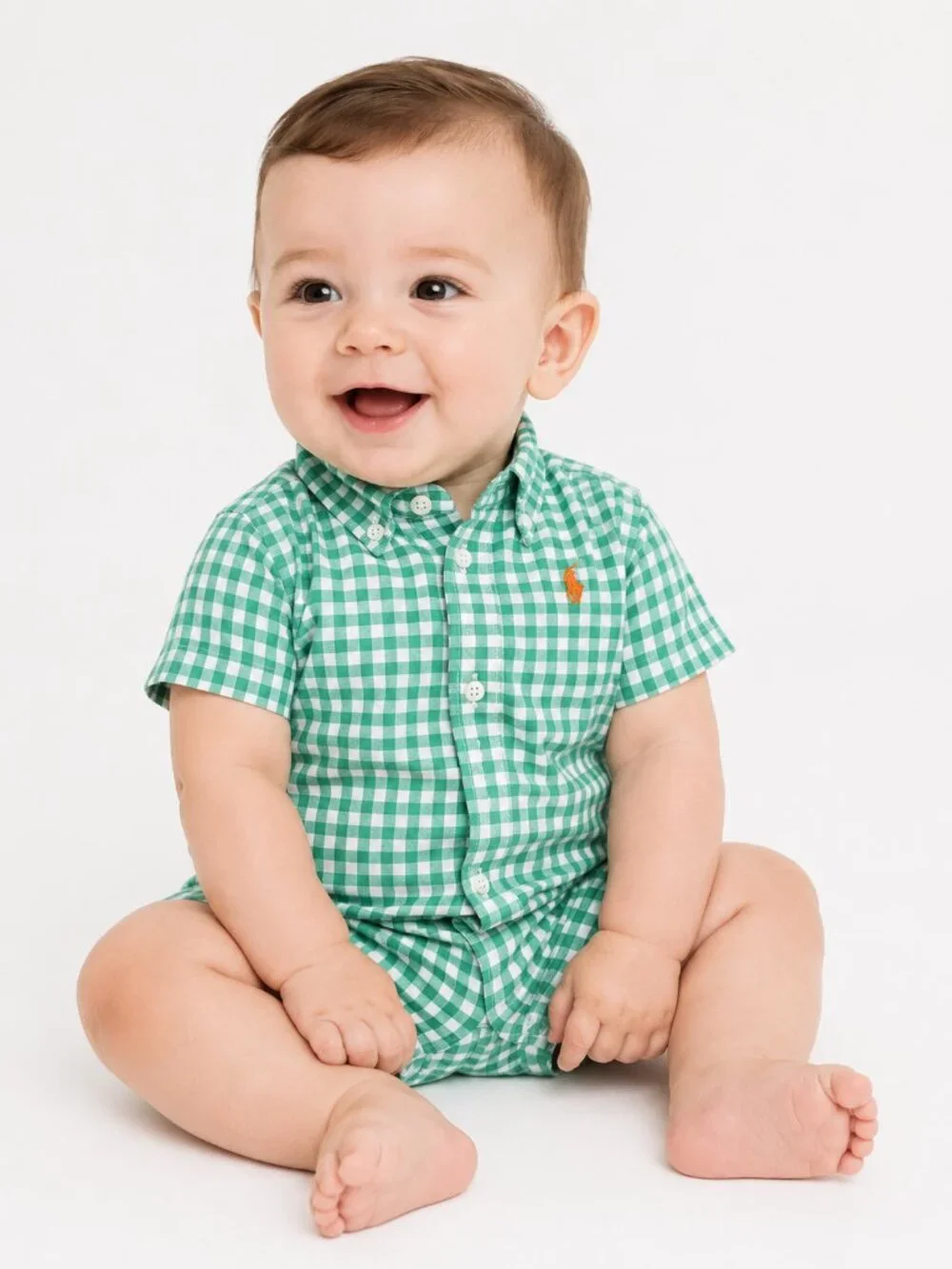 RALPH Lauren Polo Baby Green Gingham Cotton Oxford Romper 6M